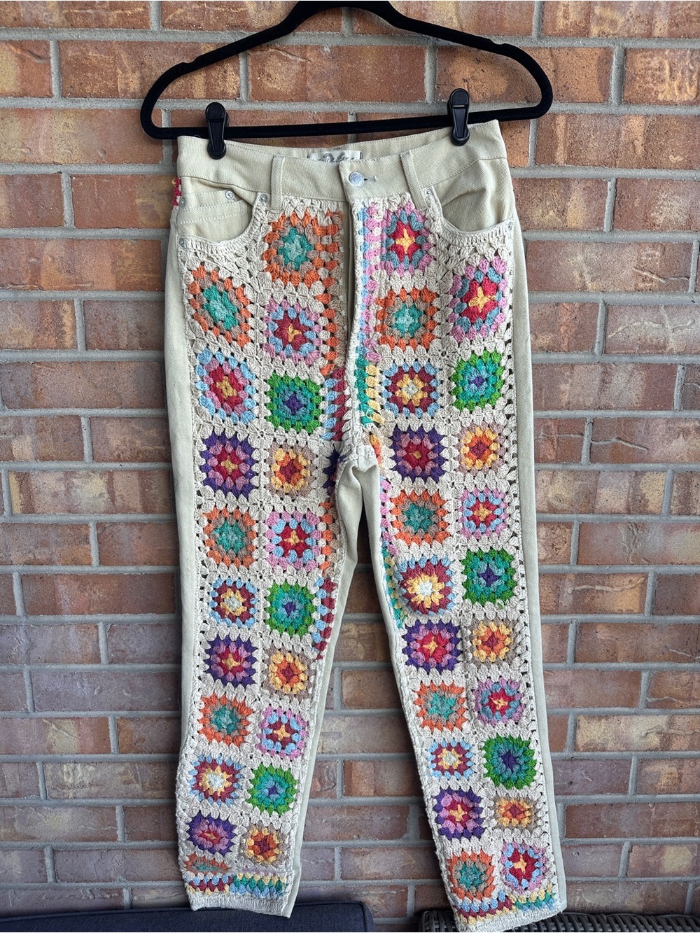 We The Free Beige Skinny Jeans with Multicolor Crochet Panels